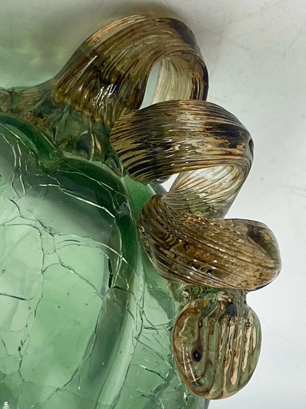 Vintage Hand Blown Green Ombre Crackle Art Glass Pumpkin with Amber Twisted Stem